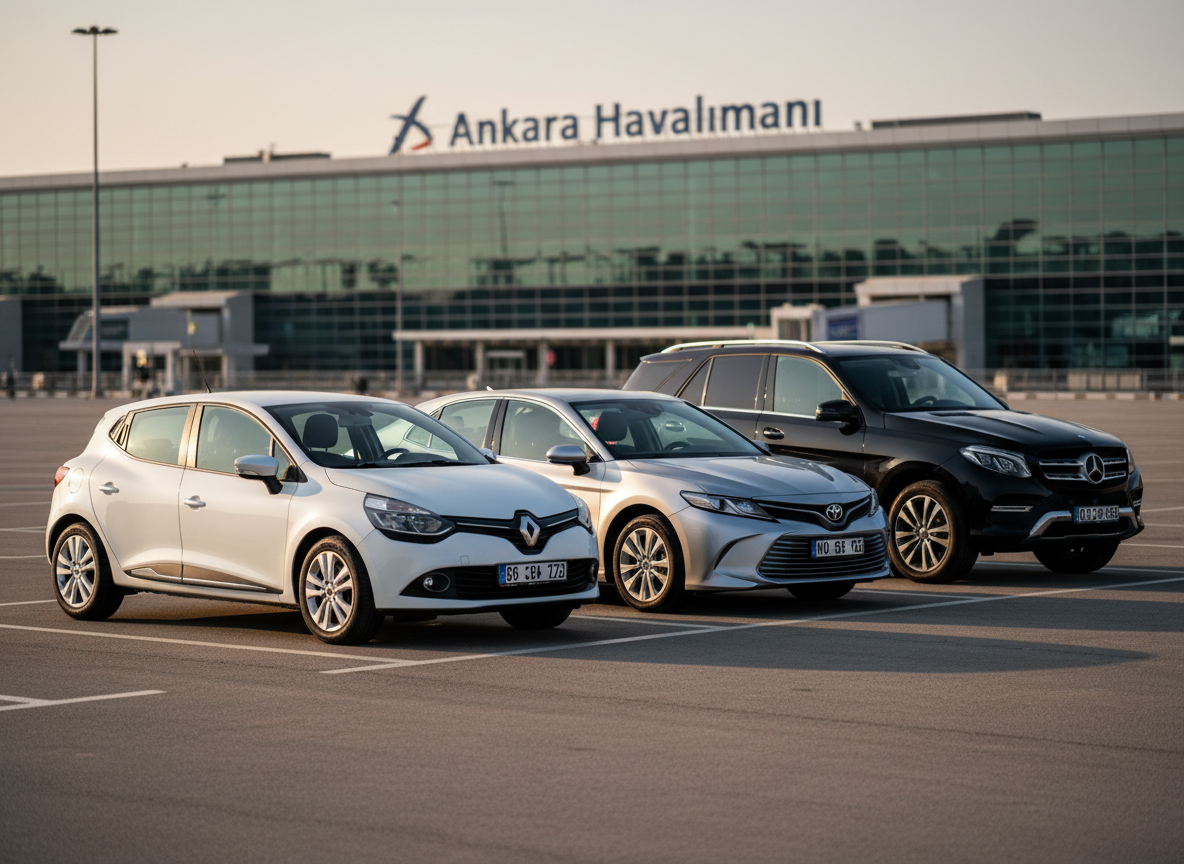 Three different classes of rental vehicles arranged diagonally in an outdoor airport parking area: a compact white city car, a silver mid-size sedan, and a black luxury SUV, all freshly washed and perfectly aligned, no people around. Painted parking lines guide the eye toward a distant glass-walled terminal building labeled “Ankara Airport” in Turkish on a blurred facade. Late afternoon golden hour light bathes the scene, creating soft highlights on the car bodies and long, gentle shadows. Photographic realism, slightly elevated angle for a clear view of the lineup, moderate depth of field to keep all vehicles sharp. The mood is confident, flexible, and customer-focused, emphasizing variety and choice in the fleet.
