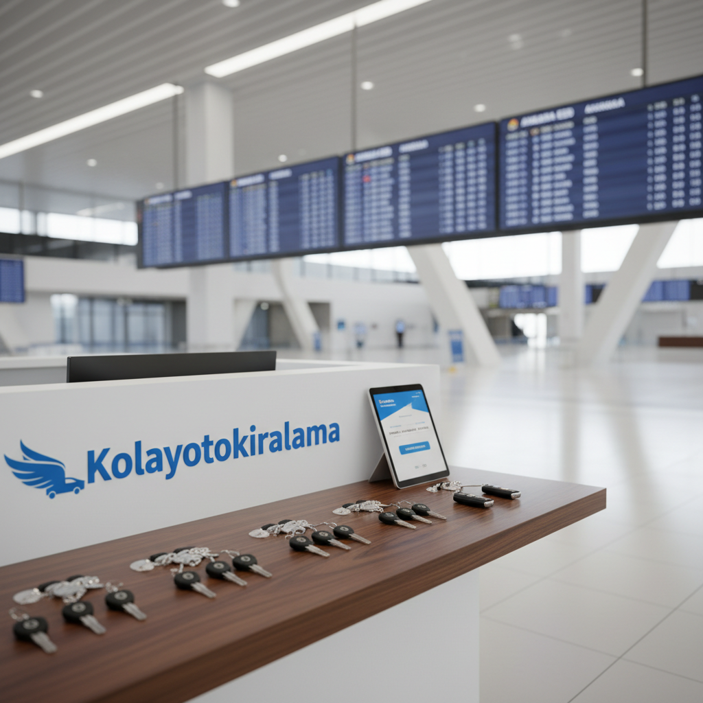A bright, modern indoor car rental counter branded with “Kolayotokiralama” signage in clean blue and white colors, located inside a spacious airport hall with Ankara flight information boards softly blurred in the background, no people present. A set of neatly organized car keys and smart key fobs rests on a smooth, dark wood counter, beside a slim tablet displaying a simple booking screen. Overhead diffused lighting creates even illumination with gentle reflections on the counter’s surface. Shot in photographic realism from a slightly elevated angle, using the rule of thirds to keep the branded counter as the focal point. The atmosphere is professional, orderly, and efficient, suggesting a fast, hassle-free rental process.