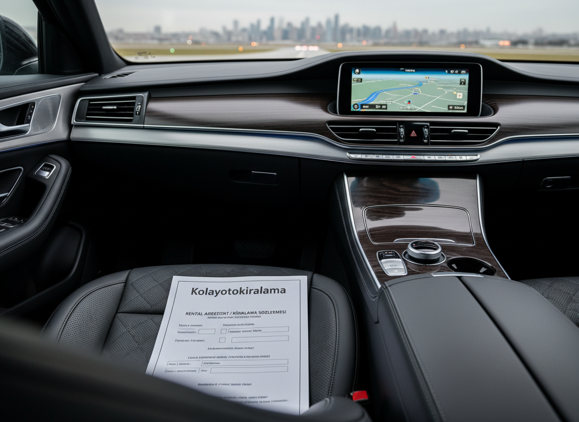 A close-up, interior shot of a high-quality rental car cabin emphasizing comfort and cleanliness: black perforated leather seats with precise stitching, a polished center console with modern touchscreen, and a neatly folded printed rental agreement labeled “Kolayotokiralama” resting on the passenger seat. Through the windshield, a softly blurred Ankara city skyline and distant airport runway lights are visible, no people anywhere. Soft, diffused natural daylight enters through the side windows, accenting textures of leather and brushed metal, with subtle reflections on the screen. Photographic realism, shallow depth of field with focus on the agreement and seat details, captured from the rear seat looking forward. The mood is premium, calm, and reassuring, highlighting comfort and trust in the rental experience.