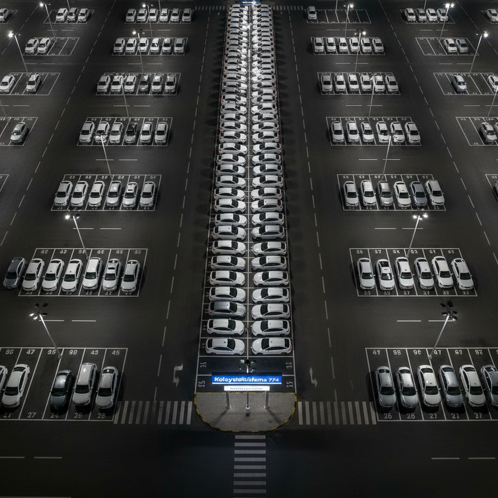 An overhead, bird’s-eye view of a well-organized airport car rental parking lot at night, dedicated to Kolayotokiralama vehicles, with no people visible. Rows of neatly parked, mostly white and silver sedans and SUVs form clean geometric patterns on dark asphalt, each space clearly numbered and illuminated by evenly spaced LED pole lights. A large, clearly visible blue-and-white “Kolayotokiralama 7/24” sign stands at the entrance island, subtly glowing. Cool, crisp lighting creates clear, sharp shadows and reflections along the cars’ roofs, emphasizing order and availability. Photographic realism with high clarity and wide-angle framing to capture the entire area. The atmosphere is secure, professional, and always-open, reinforcing 7/24 service and reliable fleet management at Ankara Havalimanı.